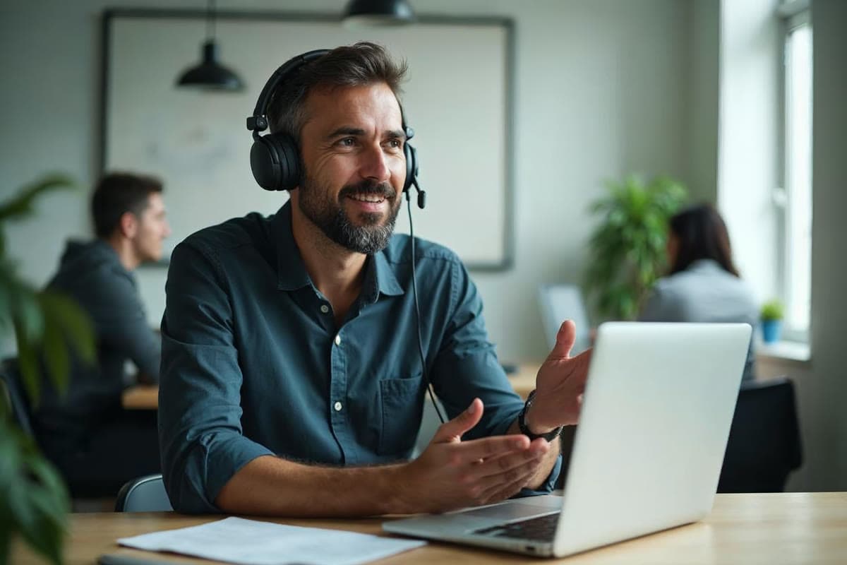 Profissional com fone de microfone conversa sorrindo diante do laptop, em escritório aberto com colegas ao fundo.