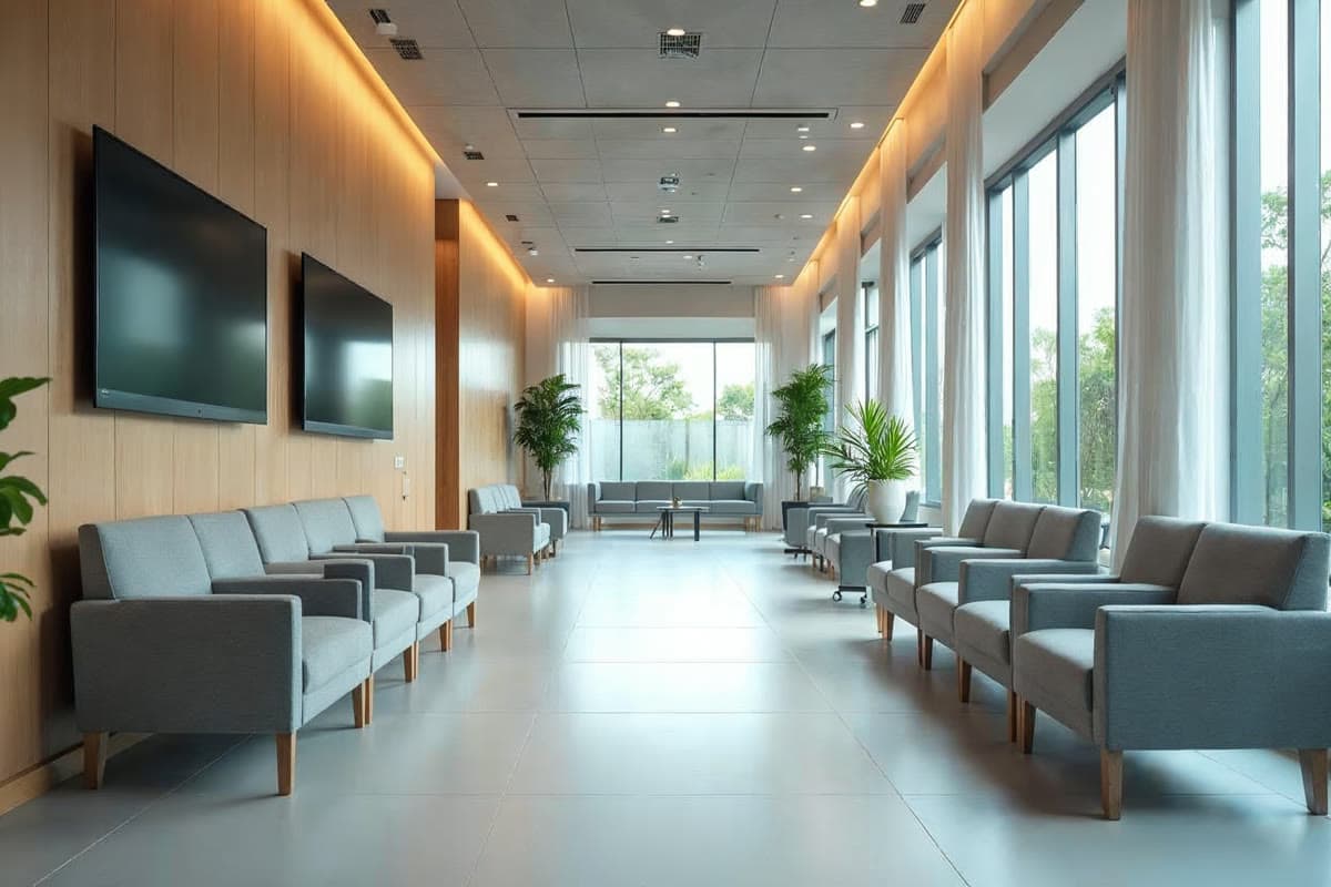 Sala de espera ampla e clara de uma clínica, com poltronas cinza organizadas em fileiras, telas na parede e grandes janelas com plantas.