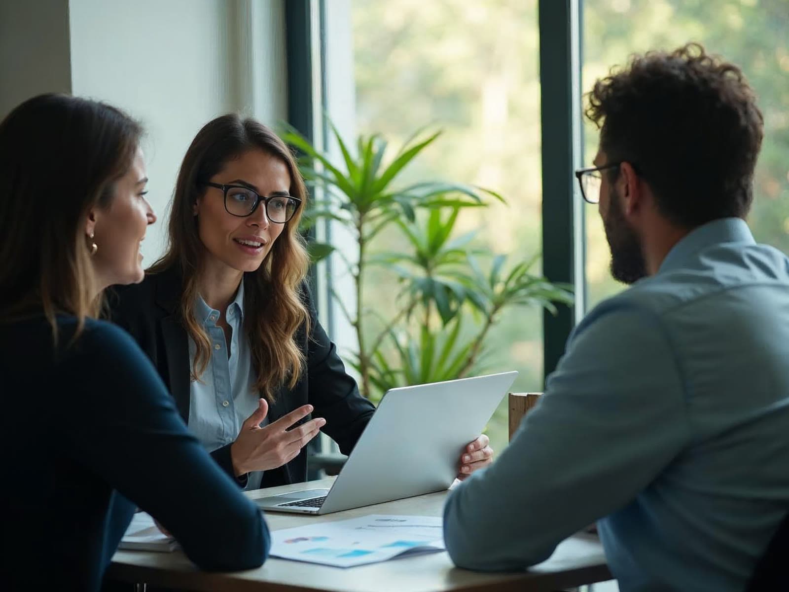 Consultora de benefícios apresenta um relatório em um laptop para dois representantes da empresa cliente, em sala com planta e janela ampla.