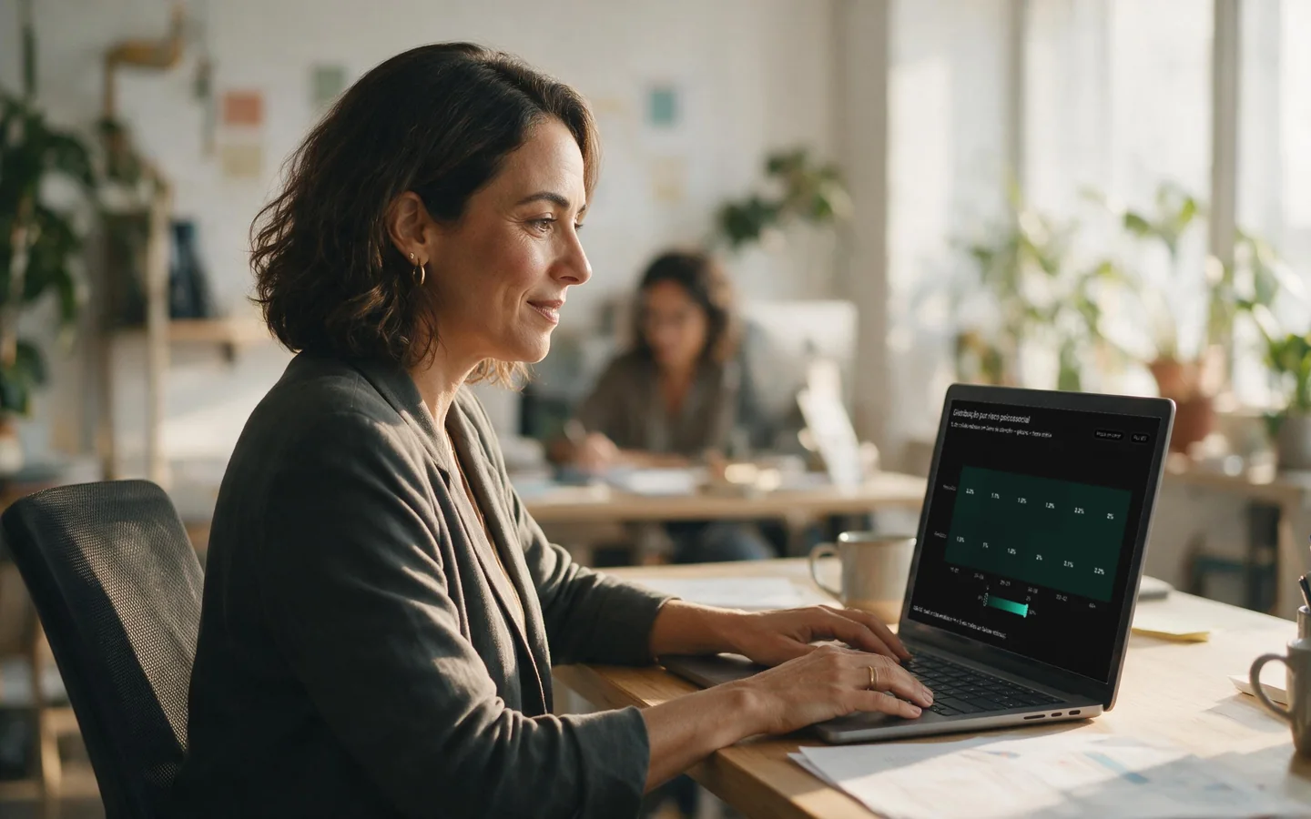 Um líder de RH da empresa atendida analisando um painel de indicadores populacionais de saúde no notebook