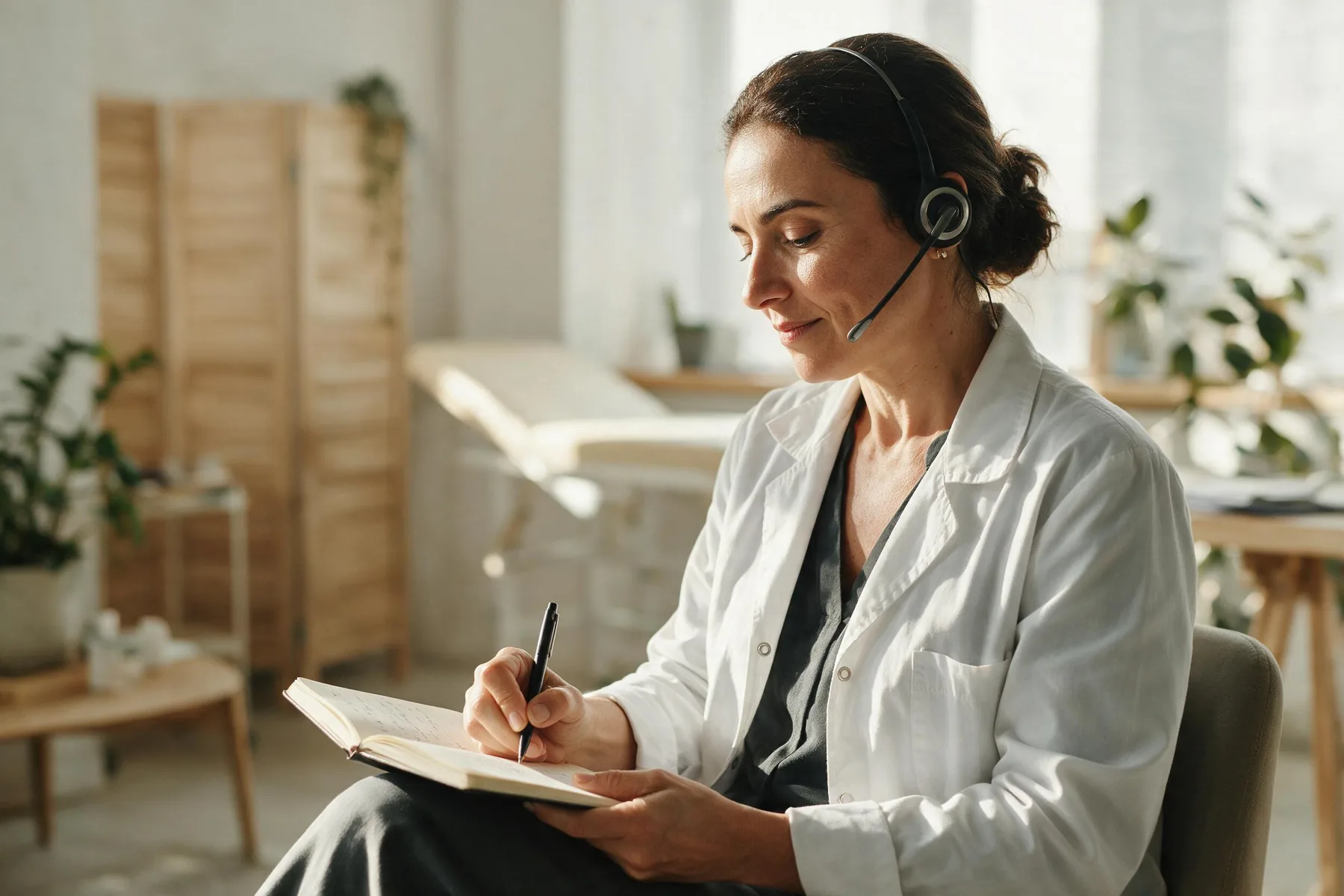 Uma profissional de saúde, de jaleco e com headset, anota à mão em um caderno durante um atendimento, sem nenhuma tela por perto.