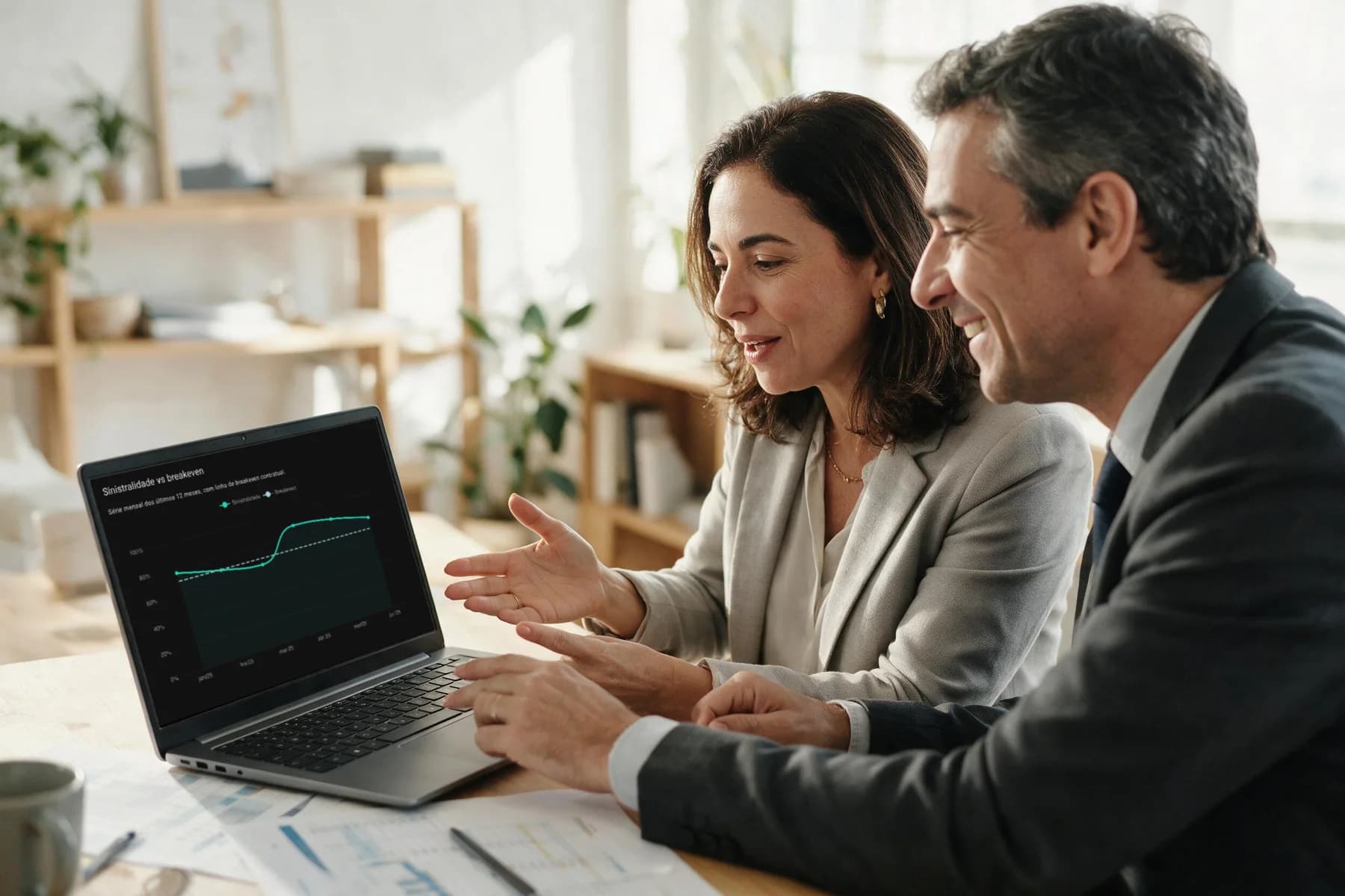 Um corretor e um gestor da empresa atendida analisam juntos, num notebook, o gráfico de custo do plano contra a linha do ponto de equilíbrio do contrato.